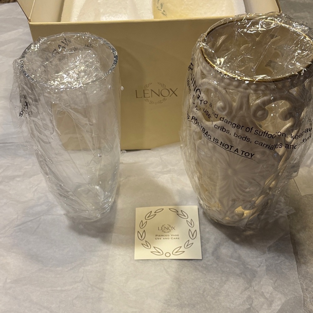 NEW Classic Lenox Scroll Pierced Vase With Glass Insert - in box